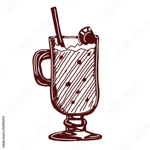 Black and white vector illustration of a warm chocolate drink with marshmallows and a straw. Hand-drawn in doodle style. Perfect for coloring pages, stickers, cafe menu design, prints