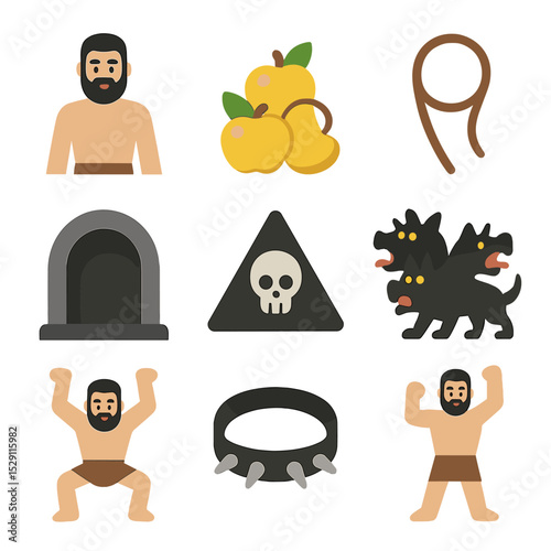 Heracles' Twelfth Labor Icons. Flat icon set of Heracles’ twelfth labor: hero figure, golden apples, capture rope, cave mouth,