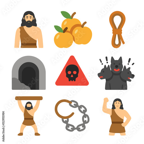 Heracles' Twelfth Labor Icons. Flat icon set of Heracles’ twelfth labor: hero figure, golden apples, capture rope, cave mouth,