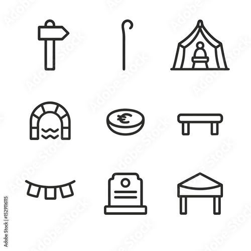 Pilgrimage Site Icons. Outline icon set of pilgrimage site features: waymarker post, pilgrim staff, shrine tent, water spring,