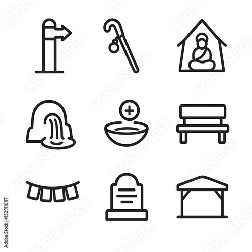 Pilgrimage Site Icons. Outline icon set of pilgrimage site features: waymarker post, pilgrim staff, shrine tent, water spring,