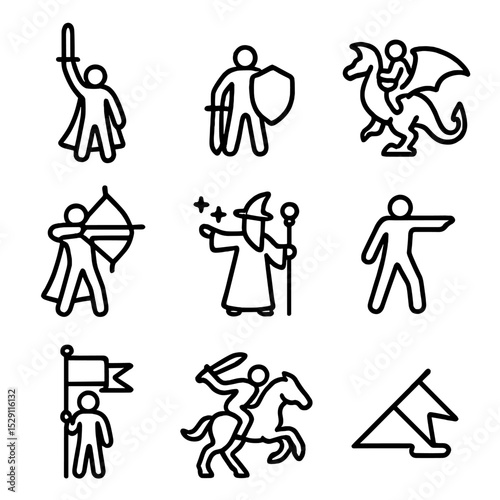 Heroic Silhouette Icons. Outline icon set of heroic silhouettes: hero raising sword, shield bearer, dragon rider, archer aiming,