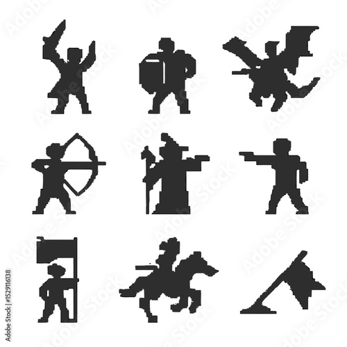 Heroic Silhouette Icons. Pixel art icon set of heroic silhouettes: hero raising sword, shield bearer, dragon rider, archer aiming,