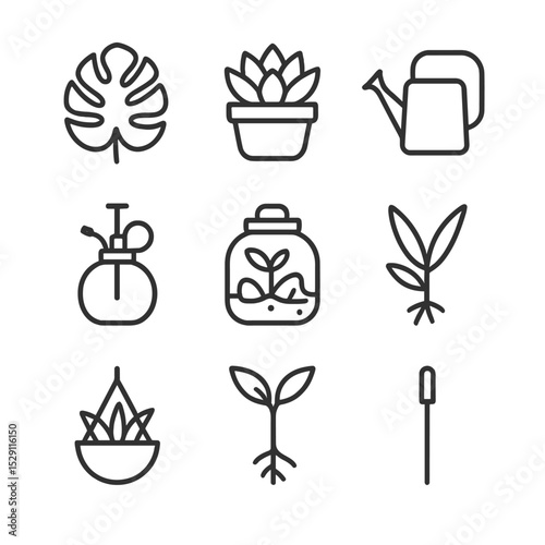 Plant Outline Icons. Outline icon set of PlantTok houseplants: monstera leaf, succulent pot, watering can, plant mister, terrarium