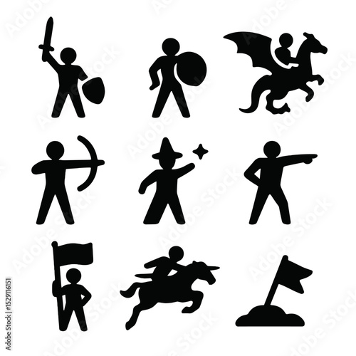 Heroic Silhouette Icons. Solid, Filled icon set of heroic silhouettes: hero raising sword, shield bearer, dragon rider, archer