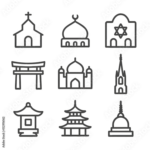 Places of Worship Icons. Outline icon set of places of worship diversity: church silhouette, mosque dome, synagogue façade, temple