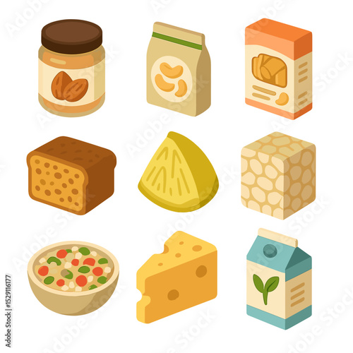 Plant-Based Staples Icons. Isometric Flat icon set of plant-based staples: almond butter jar, cashew nut bag, chickpea pasta box,