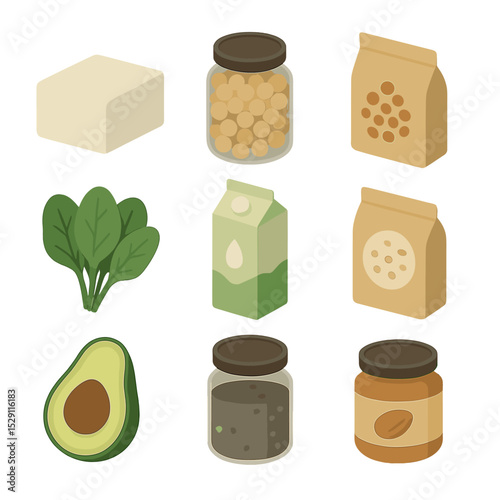 Plant-Based Diet Icons. Isometric Flat icon set of plant-based diet essentials: tofu block, chickpea jar, lentil pouch, spinach