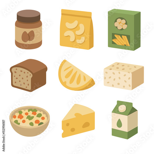 Plant-Based Staples Icons. Isometric Flat icon set of plant-based staples: almond butter jar, cashew nut bag, chickpea pasta box,