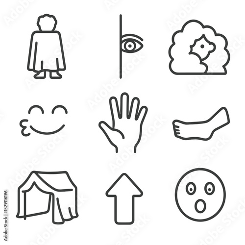 Hide-and-Seek Icons. Outline icon set of hide-and-seek: child silhouette behind blanket, peeking eye, hiding spot, counting hand,