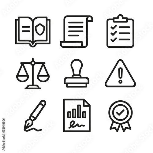 Policy Icons Set. Outline icon set of policy and compliance elements: code of conduct book, policy scroll, checklist clipboard,