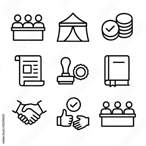 Policy Icon Set. Outline icon set of policy and governance: council table, meeting tent, voting tokens, charter scroll, seal stamp