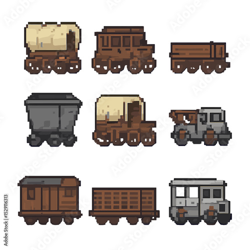 Historic Wagons Icon Set. Pixel art icon set of historic wagon types: covered wagon, stagecoach, farm wagon, mining cart, chuck