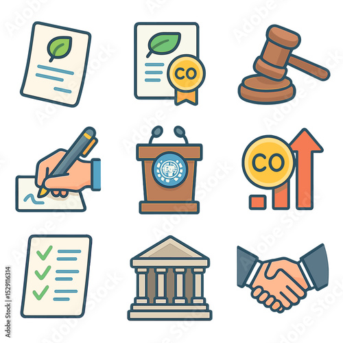 Policy Icon Set. Isometric Flat icon set of policy and regulation measures: climate bill document, emission trading certificate,