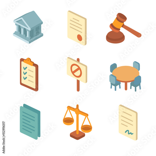 Policy Advocacy Icons. Isometric Flat icon set of policy and legislation advocacy: government building, legal document, gavel,