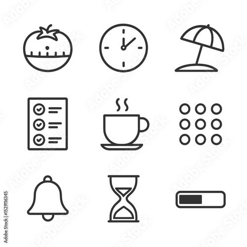 Pomodoro Icon Grid. Outline icon set of Pomodoro productivity sessions: tomato timer, clock face, break icon, checklist, coffee