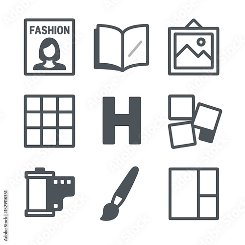 High Fashion Icon Set. Flat icon set of high fashion editorial: magazine, glossy page, photo frame, typography, layout grid, bold