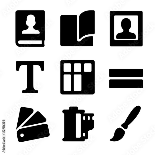 High Fashion Icons. Solid, Filled icon set of high fashion editorial: magazine, glossy page, photo frame, typography, layout grid,