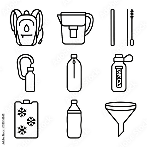Hydration Accessories Icons. Outline icon set of hydration accessories: hydration backpack, filter pitcher, reusable straw, bottle