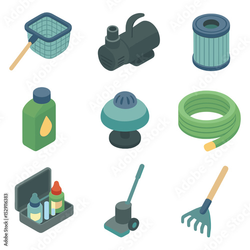 Pond Maintenance Tools. Isometric Flat icon set of pond maintenance equipment: skimmer net, water pump, filter cartridge,