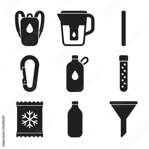 Hydration Accessory Icons. Solid, Filled icon set of hydration accessories: hydration backpack, filter pitcher, reusable straw,