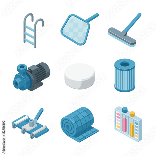 Pool Maintenance Icon Set. Isometric Flat icon set of pool maintenance tools: pool ladder, skimmer net, pool brush, water pump,