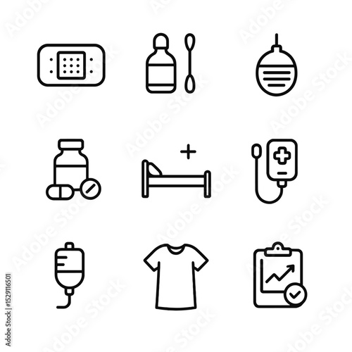 Post-Surgical Recovery Icons. Outline icon set of post-surgical recovery: surgical site bandage, antiseptic swab, drainage tube,