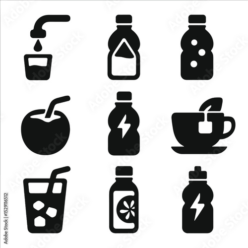 Hydration Source Icons. Solid, Filled icon set of hydration sources: tap water, spring water, mineral water, coconut water,