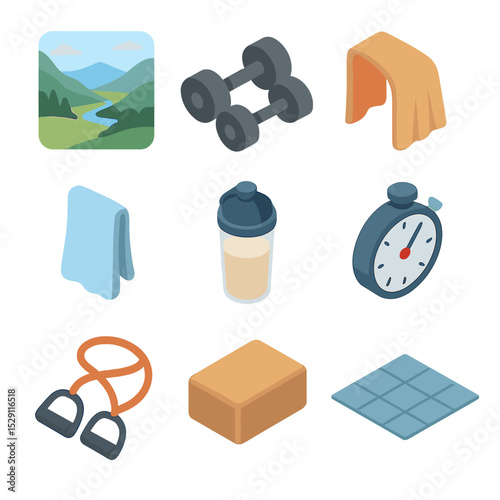 Isometric Power Yoga Icons. Isometric Flat icon set of power yoga overlooking valley: valley panorama, dumbbell set, towel draped,