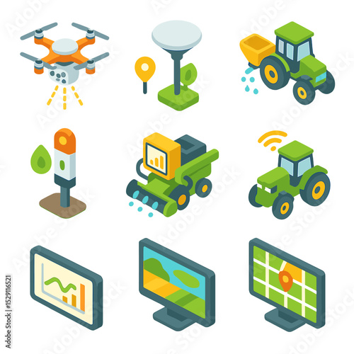 Precision Agriculture Icons. Isometric Flat icon set of precision agriculture technologies: drone with multispectral sensor, GPS