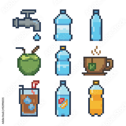 Hydration Source Icons. Pixel art icon set of hydration sources: tap water, spring water, mineral water, coconut water,
