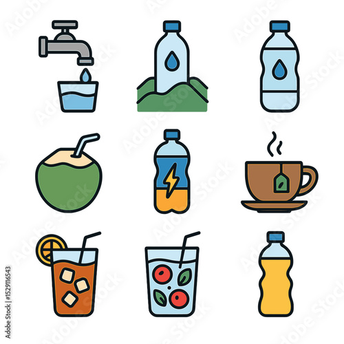 Hydration Sources Icons. Flat icon set of hydration sources: tap water, spring water, mineral water, coconut water, electrolyte