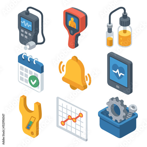 Predictive Maintenance Icons. Isometric Flat icon set of predictive maintenance tools: vibration analyzer, thermal camera, oil