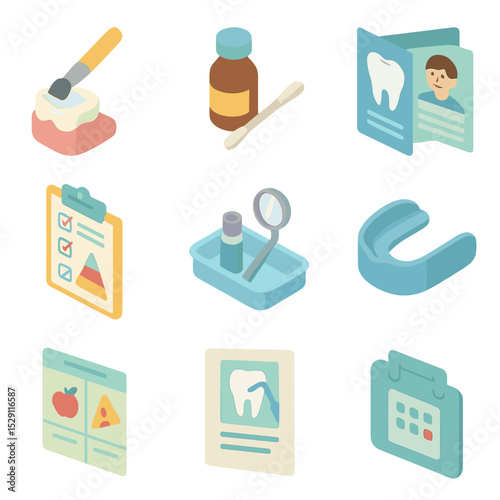 Preventive Dentistry Icons. Isometric Flat icon set of Preventive Dentistry: sealant brush, fluoride varnish, oral health brochure