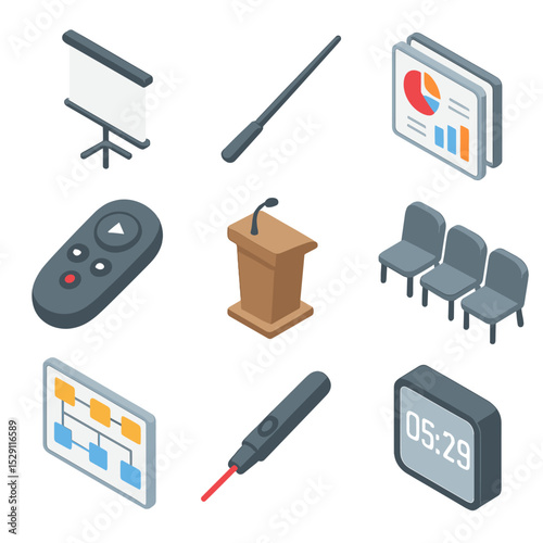 Presentation Icon Set. Isometric Flat icon set of presentation prep: projector screen, pointer stick, slide deck, remote clicker,