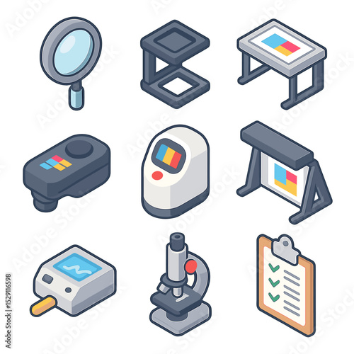 Print Inspection Tools Icons. Isometric Flat icon set of print inspection tools: magnifying glass, loupe, light table,