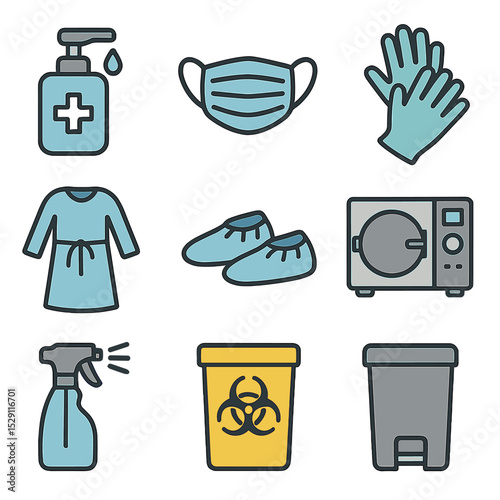 Hygiene and Safety Icons. Flat icon set of hygiene and safety: hand sanitizer dispenser, surgical mask, sterile gloves, gown, shoe