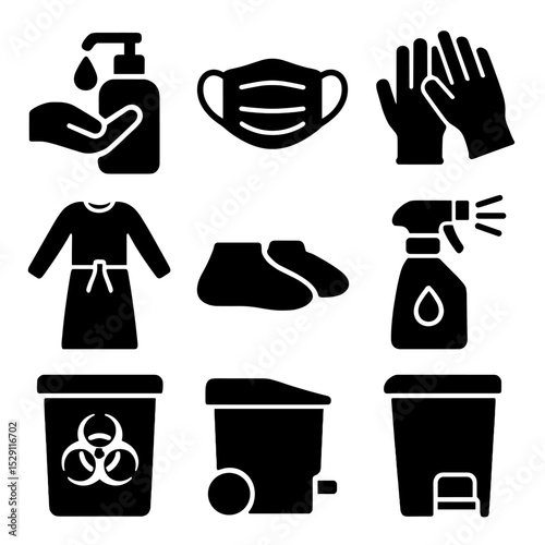 Hygiene Safety Icons. Solid, Filled icon set of hygiene and safety: hand sanitizer dispenser, surgical mask, sterile gloves, gown,