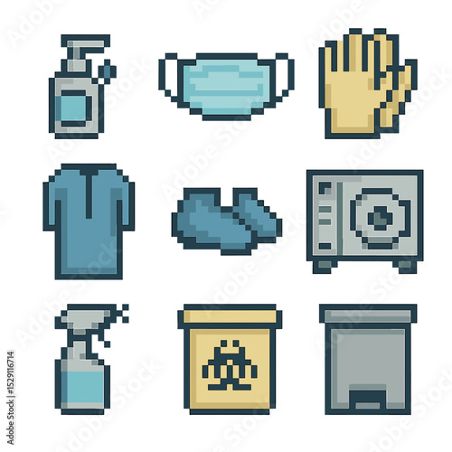 Hygiene and Safety Icons. Pixel art icon set of hygiene and safety: hand sanitizer dispenser, surgical mask, sterile gloves, gown,