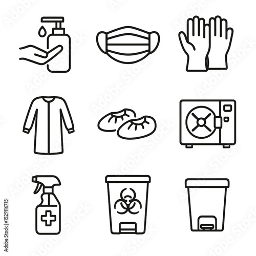 Hygiene Essentials Icons. Outline icon set of hygiene and safety: hand sanitizer dispenser, surgical mask, sterile gloves, gown,
