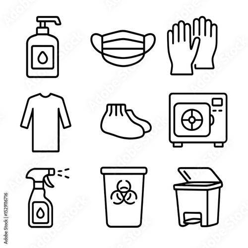 Hygiene Essentials Icons. Outline icon set of hygiene and safety: hand sanitizer dispenser, surgical mask, sterile gloves, gown,