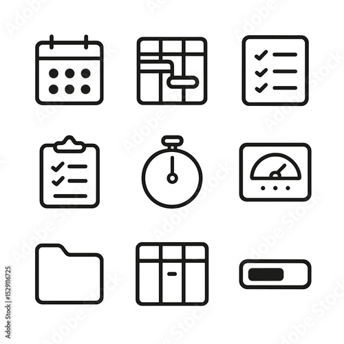 Project Management Icons. Outline icon set of project management tools: calendar, Gantt chart, checklist, clipboard, timer,