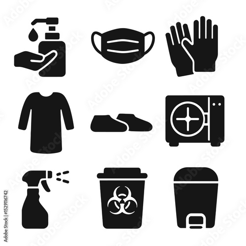 Hygiene Safety Icons. Solid, Filled icon set of hygiene and safety: hand sanitizer dispenser, surgical mask, sterile gloves, gown,