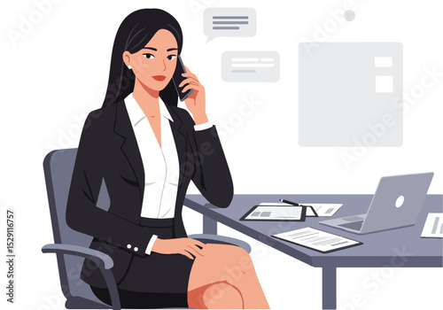 A sophisticated vector illustration of a sexy businesswoman or secretary making a professional phone call at her desk, symbolizing effective communication in a business setting