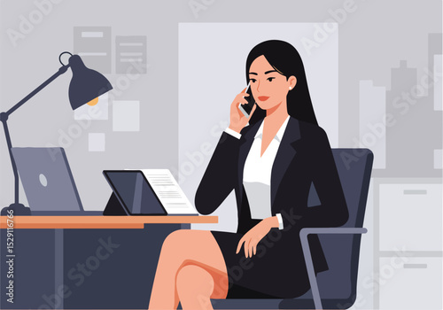 A sophisticated vector illustration of a sexy businesswoman or secretary making a professional phone call at her desk, symbolizing effective communication in a business setting