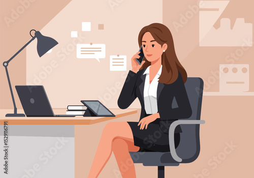A sophisticated vector illustration of a sexy businesswoman or secretary making a professional phone call at her desk, symbolizing effective communication in a business setting