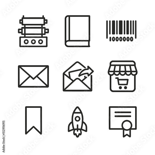 Publishing Process Icons. Outline icon set of publishing process: printing press, book cover, ISBN barcode, envelope, email send,