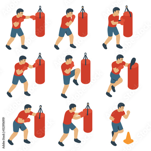 Punching Bag Techniques Icons. Isometric Flat icon set of punching bag training techniques: jab, cross, hook, uppercut, elbow