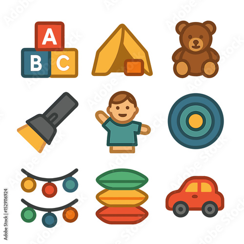 Indoor Play Icons. Flat icon set of indoor play: blocks, blanket fort, plush toy, flashlight, puppet, rug, string lights, cushion