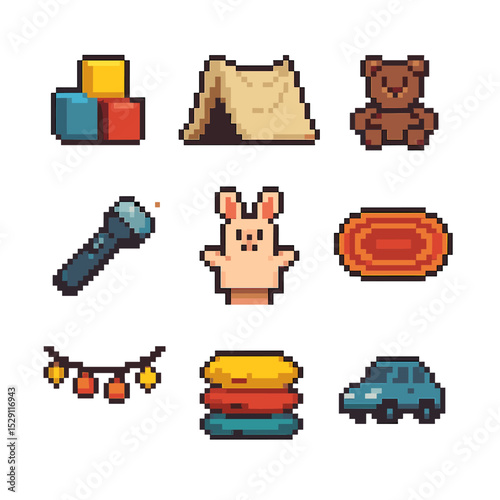 Indoor Play Icons. Pixel art icon set of indoor play: blocks, blanket fort, plush toy, flashlight, puppet, rug, string lights,